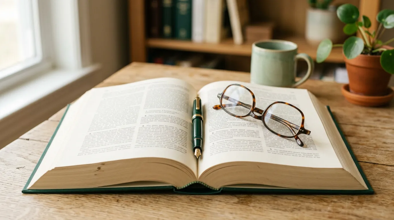 Aufgeschlagenes Gesetzbuch mit Stift und Brille