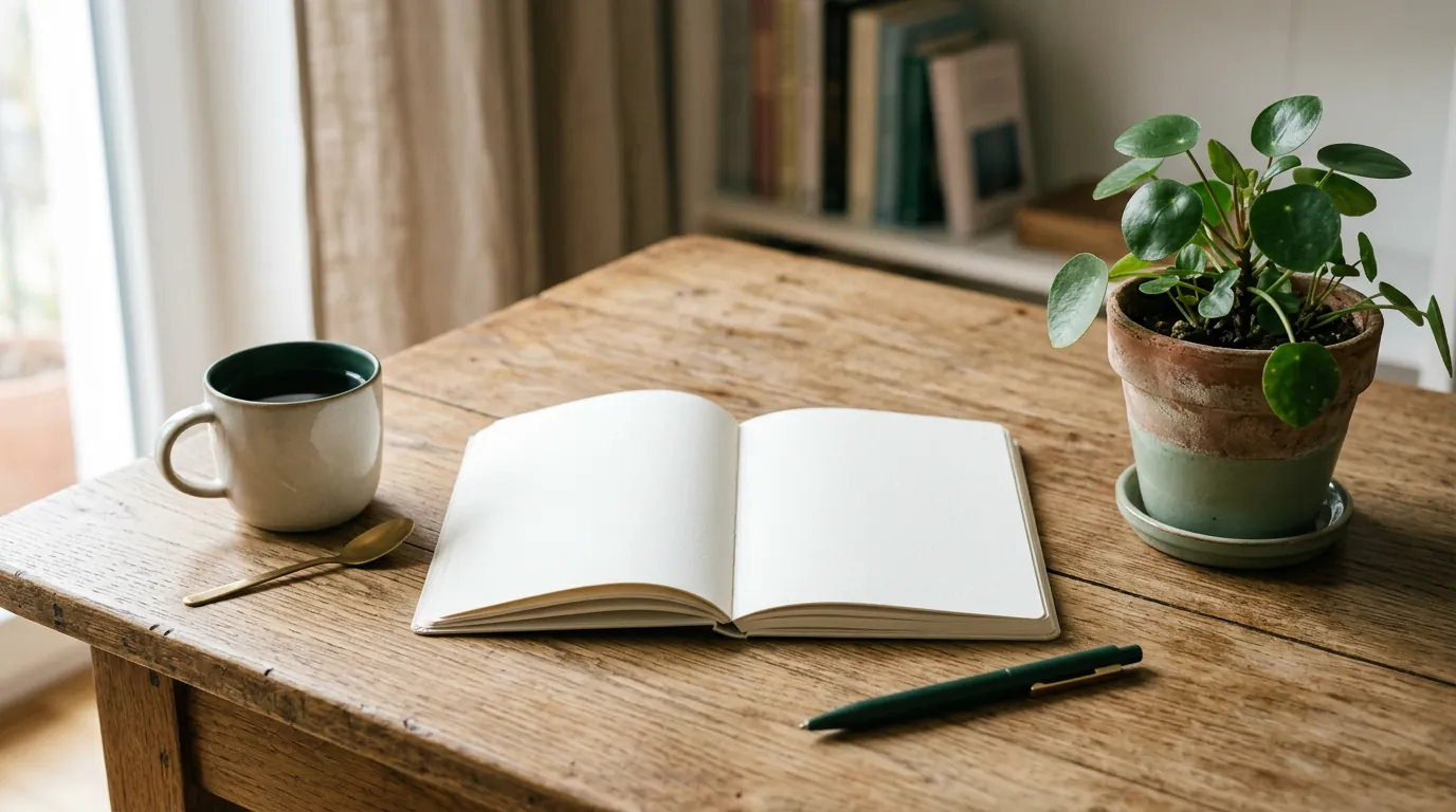 Notizbuch, Tasse und Pflanze auf einem Tisch
