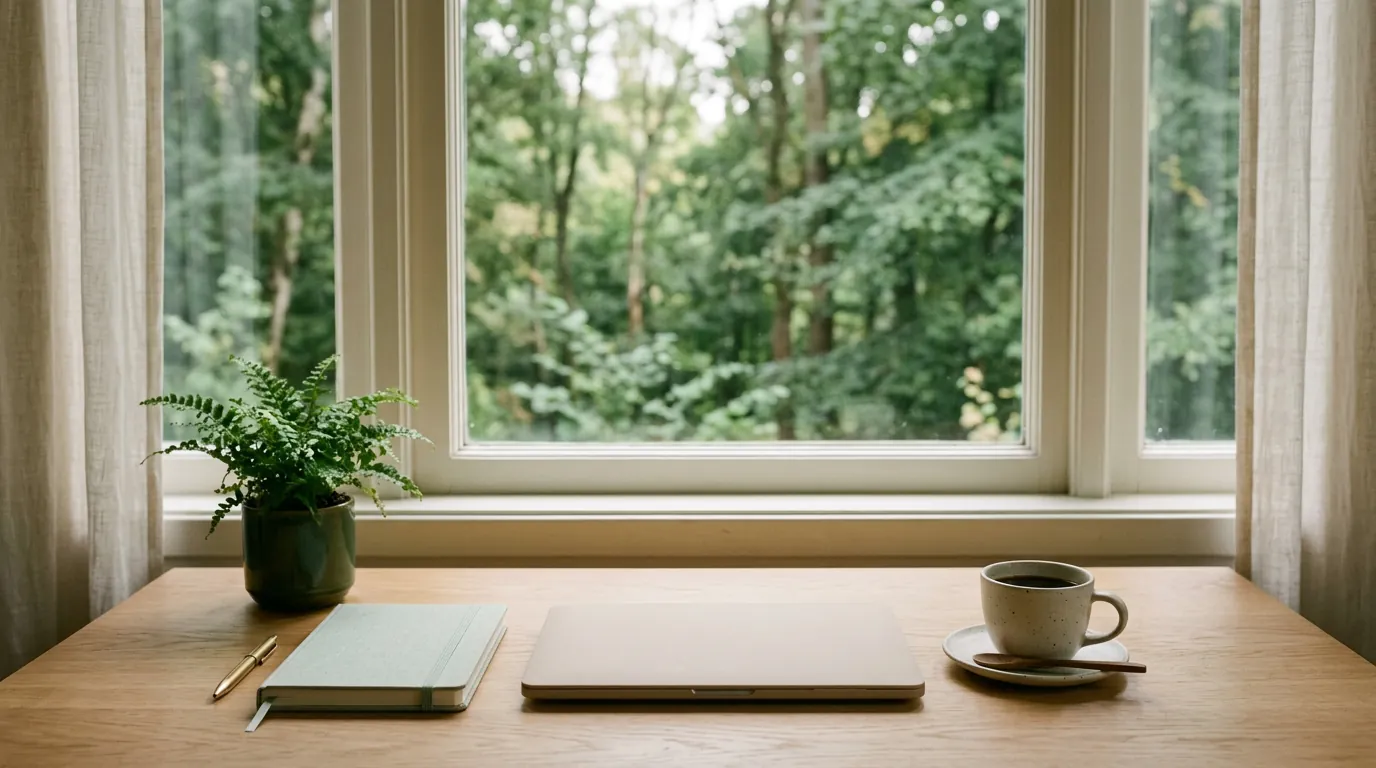 Schreibtisch mit Laptop, Notizen und Tasse am Fenster