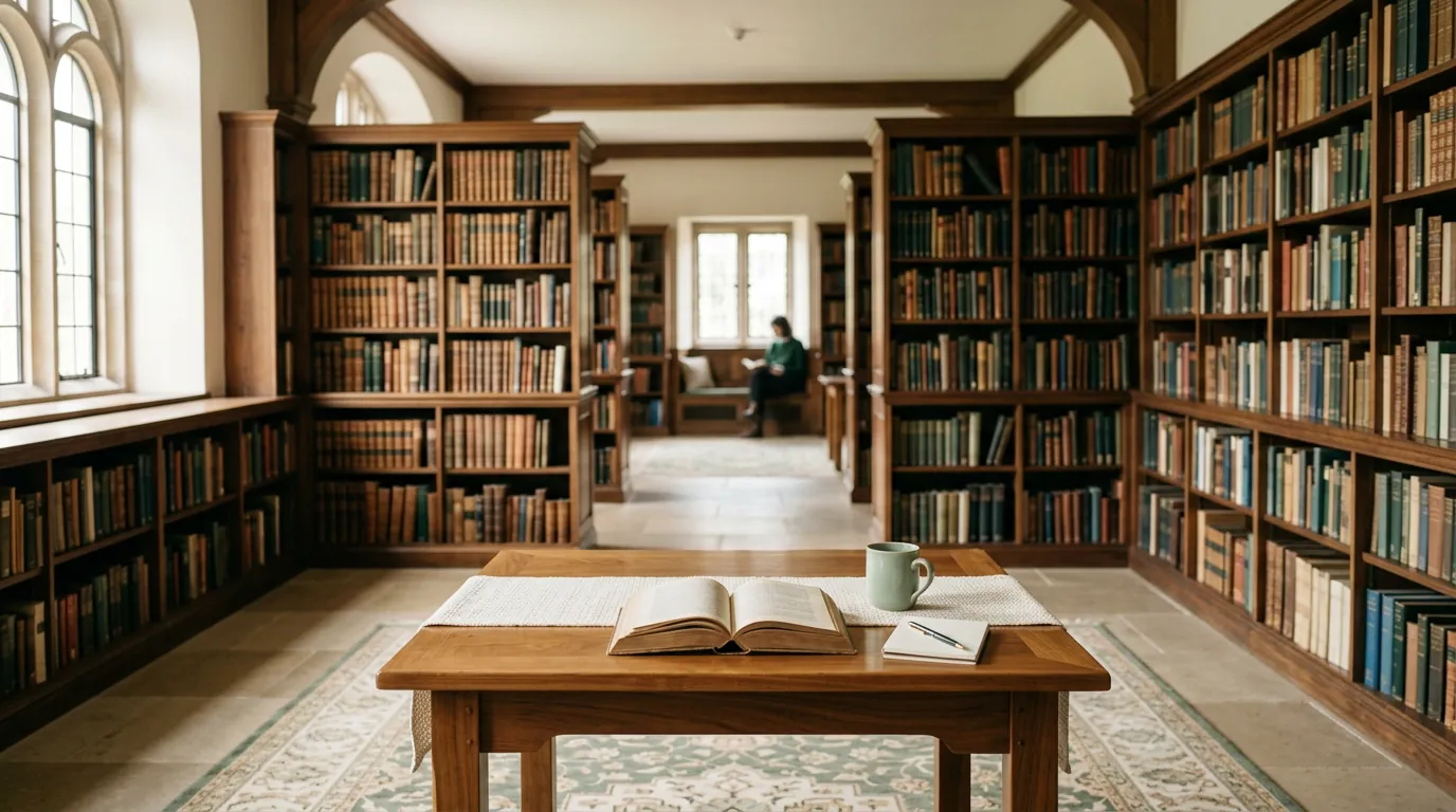 Bibliothek mit hohen Regalen und einem aufgeschlagenen Buch auf dem Lesetisch