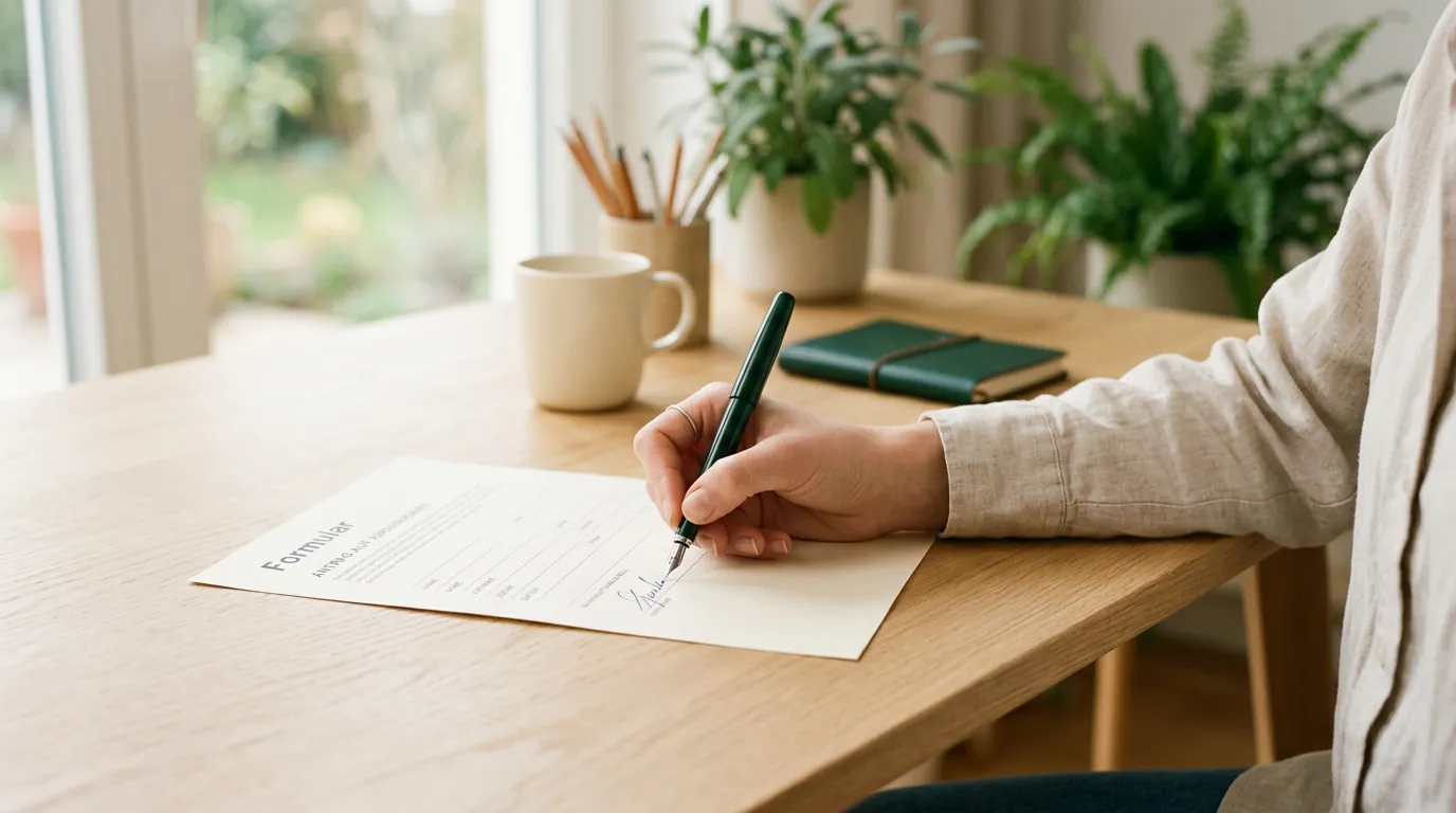 Hand unterschreibt ein Formular am Schreibtisch