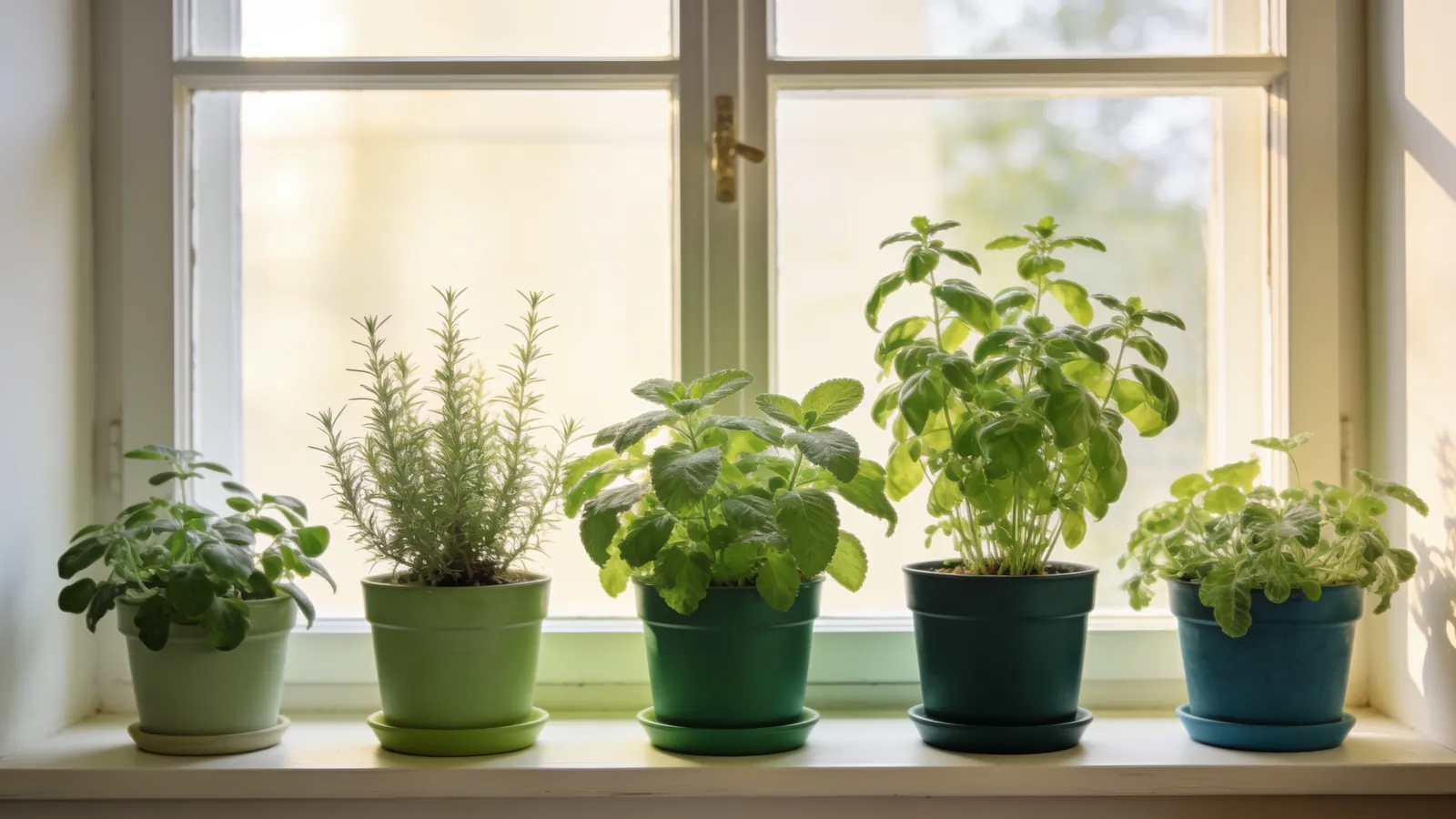 Pflanzen und Kräuter auf einer Fensterbank