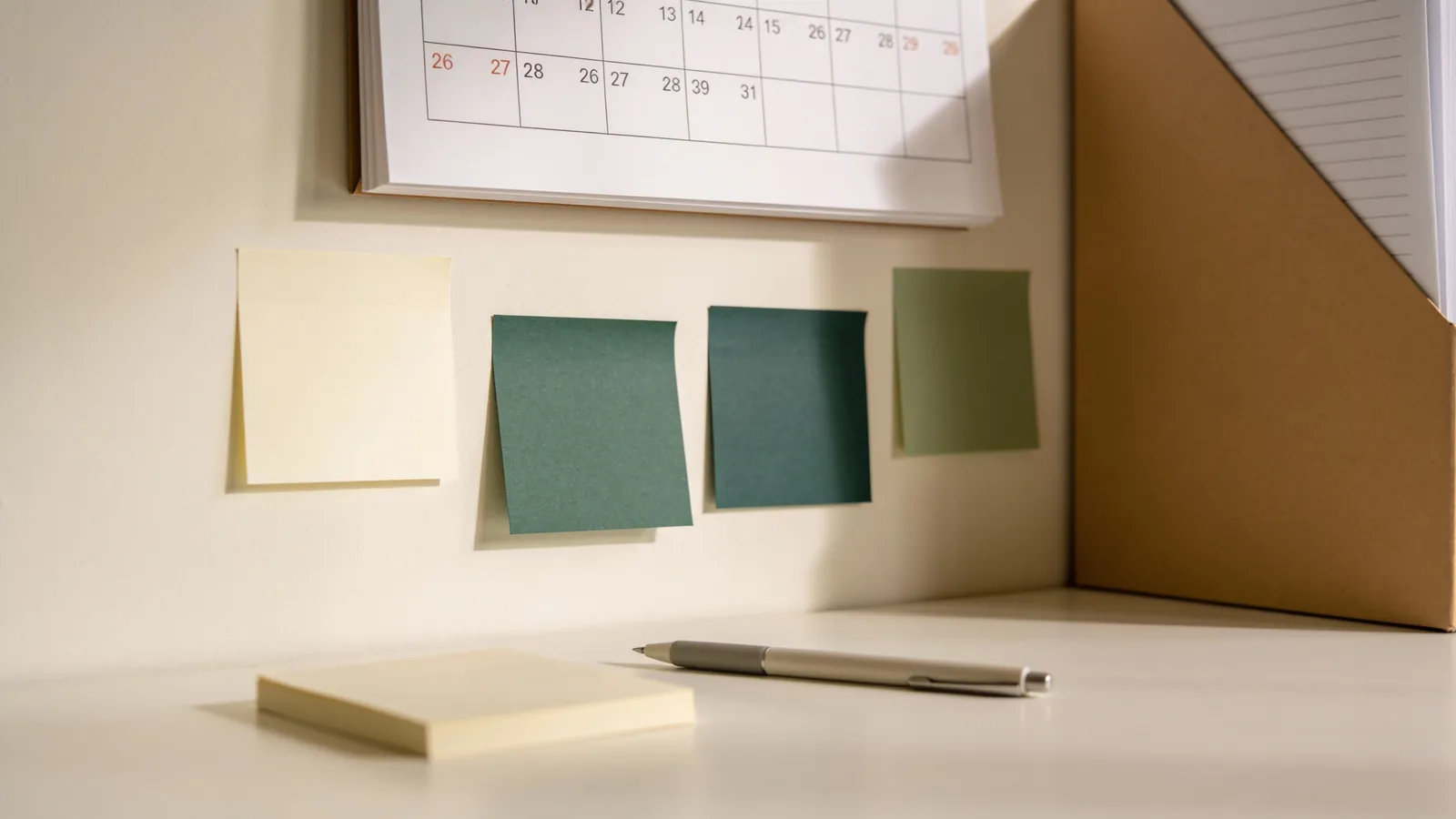 Wandkalender mit Haftnotizen und Stift
