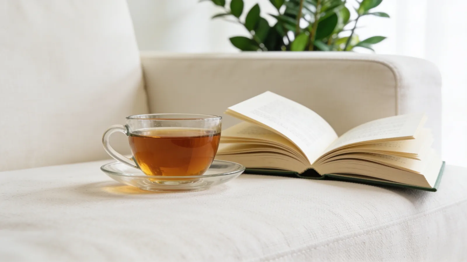 Tasse Tee und aufgeschlagenes Buch auf dem Sofa